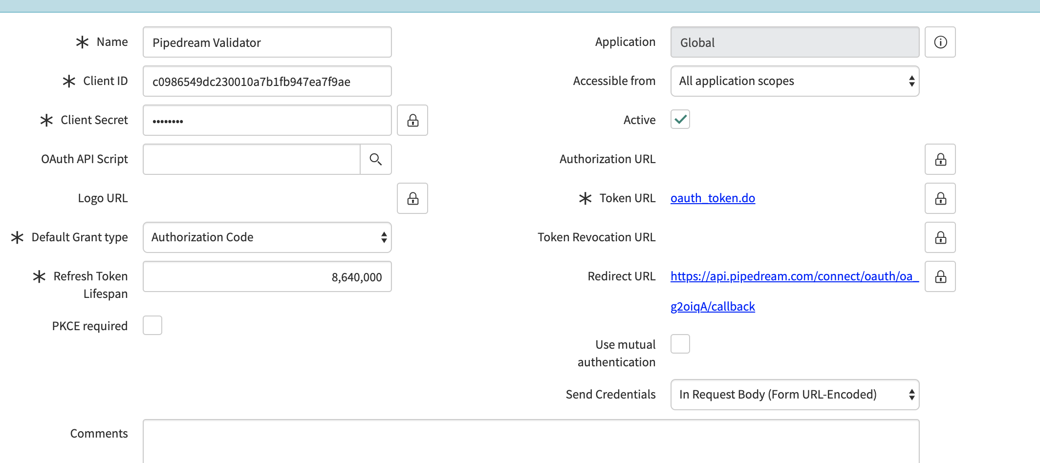 ServiceNow OAuth validator app config